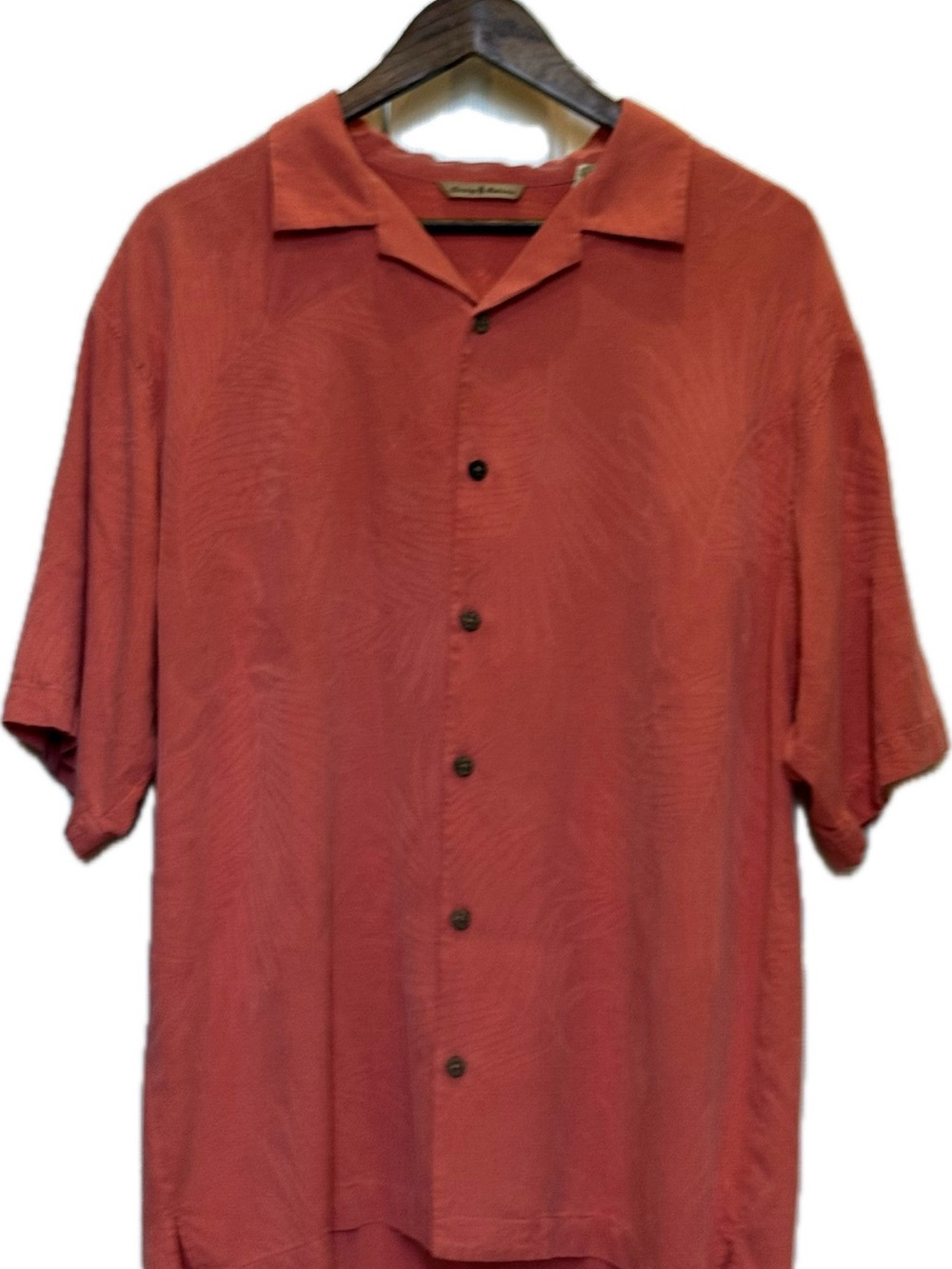 Tommy Bahama Coral Shirt with Multicolor Parrot Embroidery